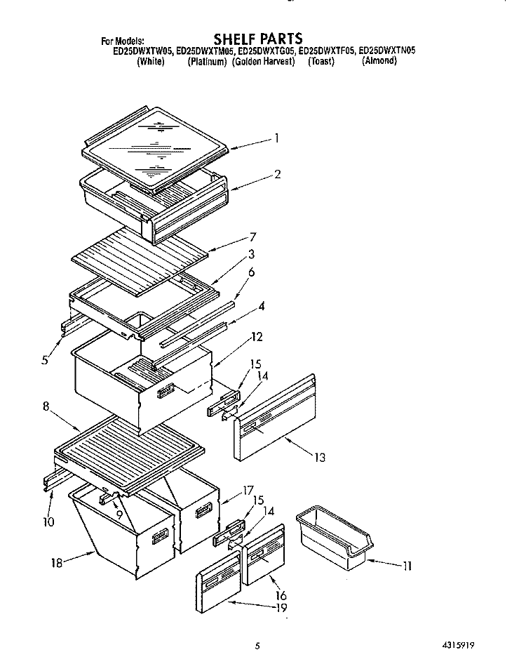 SHELF Diagram and Parts List for ED25DWXTW05  Whirlpool Refrigerator