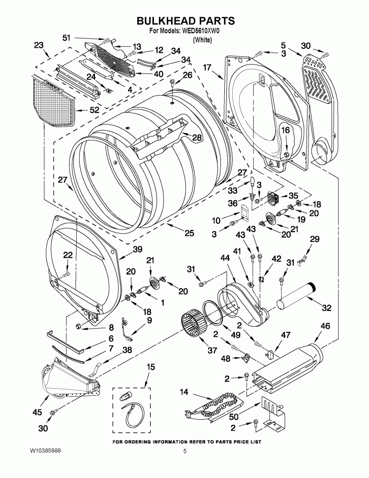 BULKHEAD PARTS Diagram and Parts List for WED5610XW0  Whirlpool Dryer
