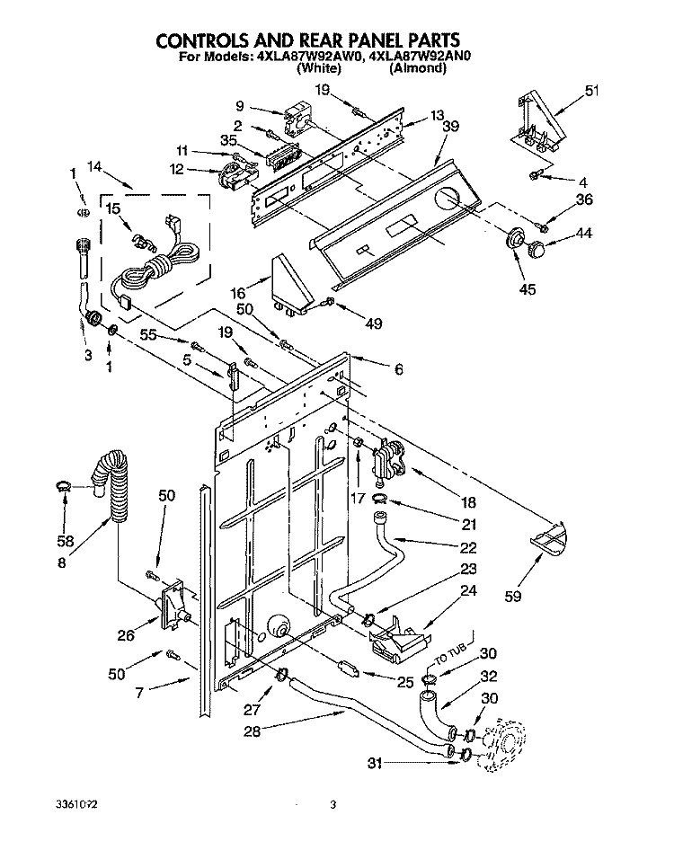 CONTROLS AND REAR PANEL Diagram and Parts List for 4XLA87W92AW0  Whirlpool Washer