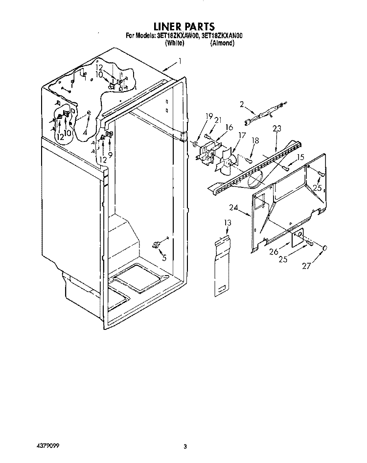 LINER Diagram and Parts List for 3ET18ZKXAN00  Whirlpool Refrigerator