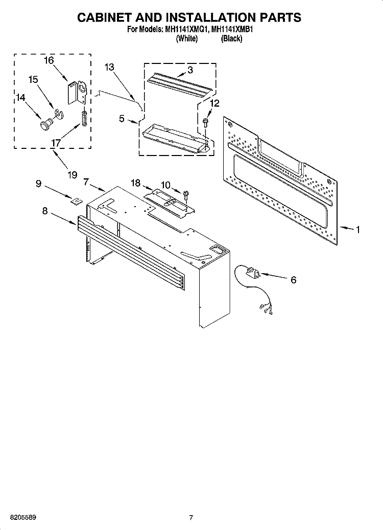 CABINET AND INSTALLATION PARTS Diagram and Parts List for MH1141XMQ1  Whirlpool Microwave