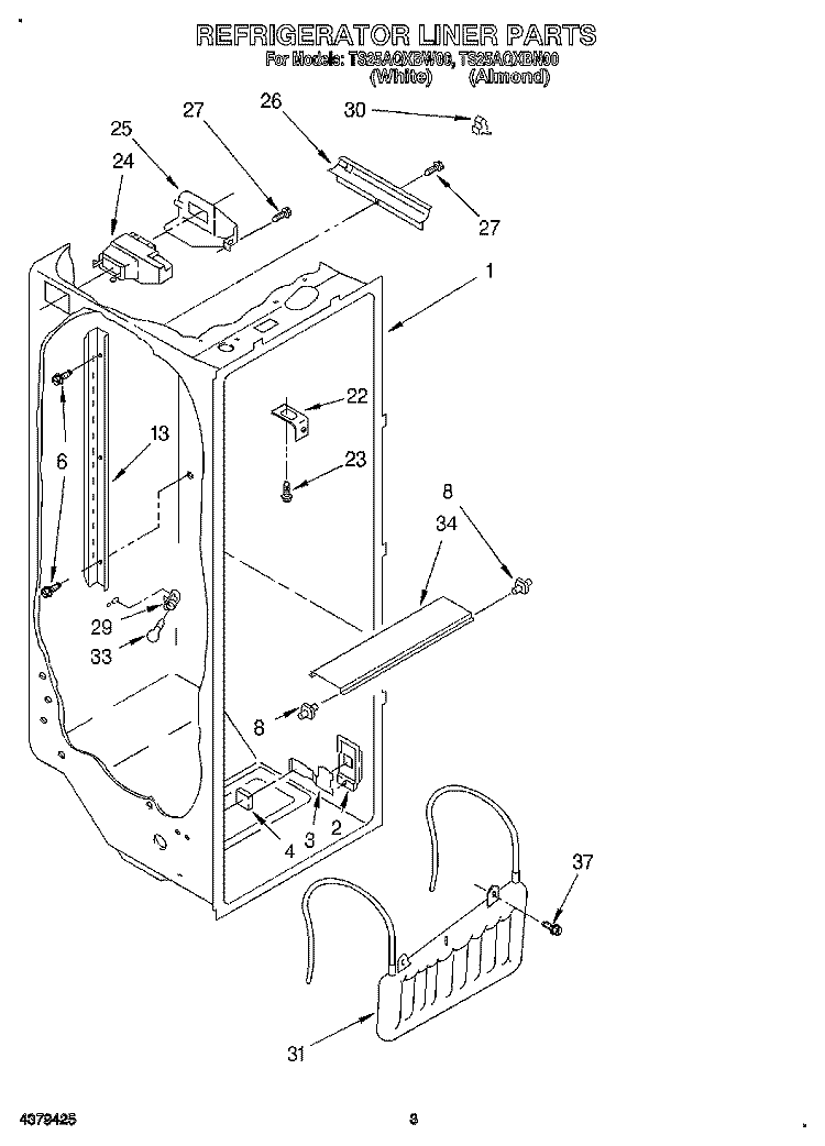 REFRIGERATOR LINER Diagram and Parts List for TS25AQXBW00  Estate Refrigerator