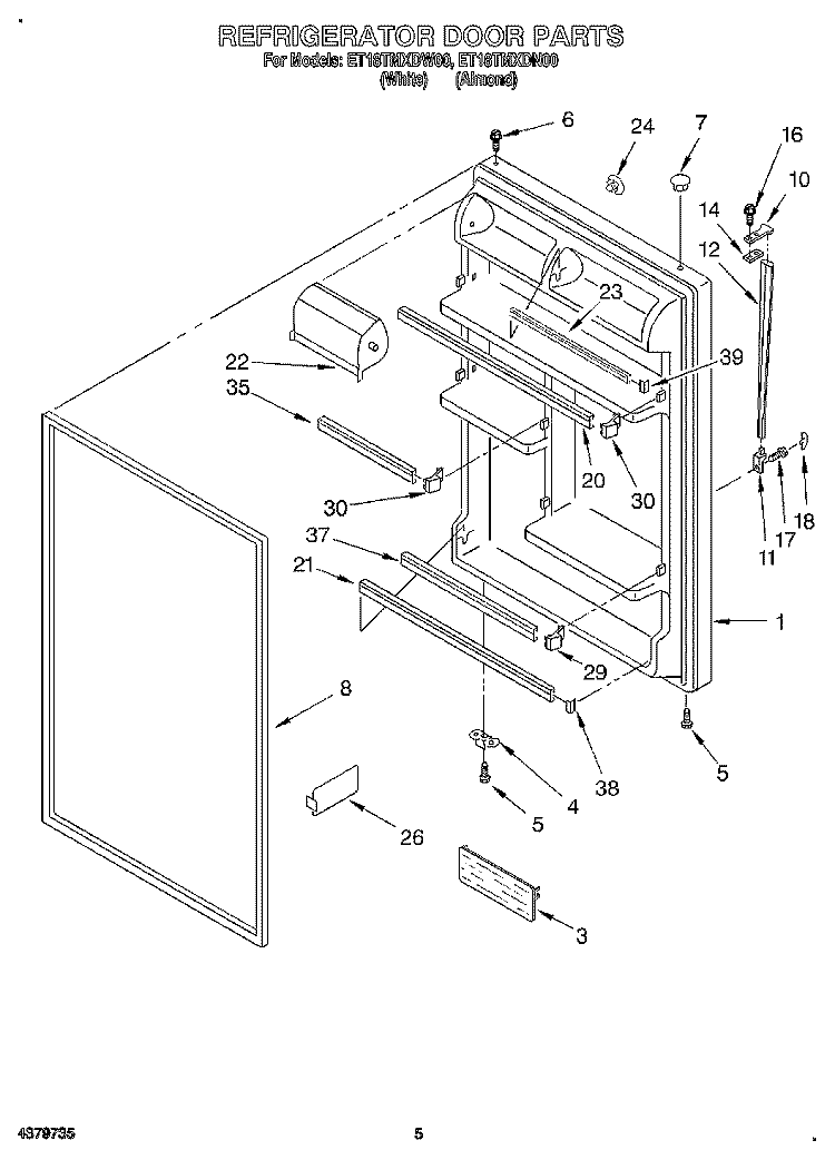 REFRIGERATOR DOOR Diagram and Parts List for ET18TMXDW00  Whirlpool Refrigerator