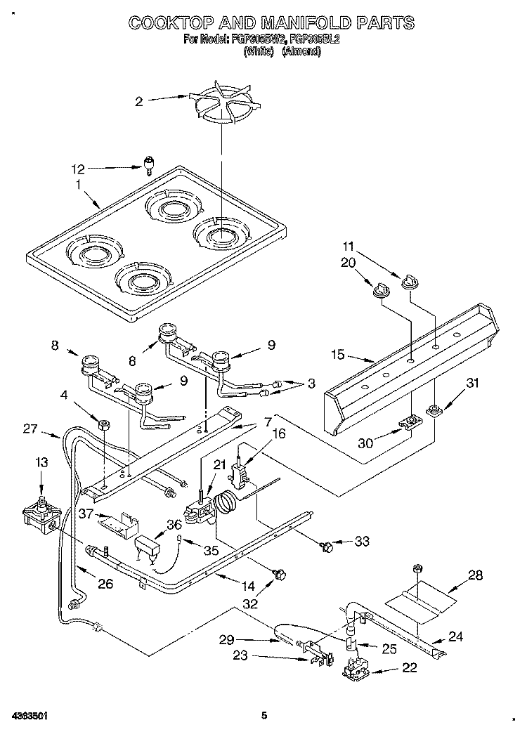 COOKTOP AND MANIFOLD, LIT/OPTIONAL Diagram and Parts List for FGP305BL2  Roper Range