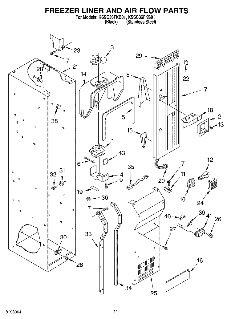 FREEZER LINER AND AIR FLOW Diagram and Parts List for KSSC36FKS01  KitchenAid Refrigerator