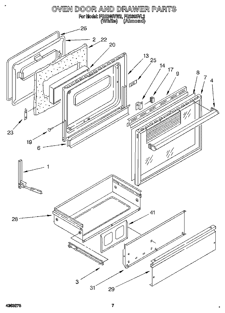 OVEN DOOR AND DRAWER Diagram and Parts List for FGS395VL2  Whirlpool Range