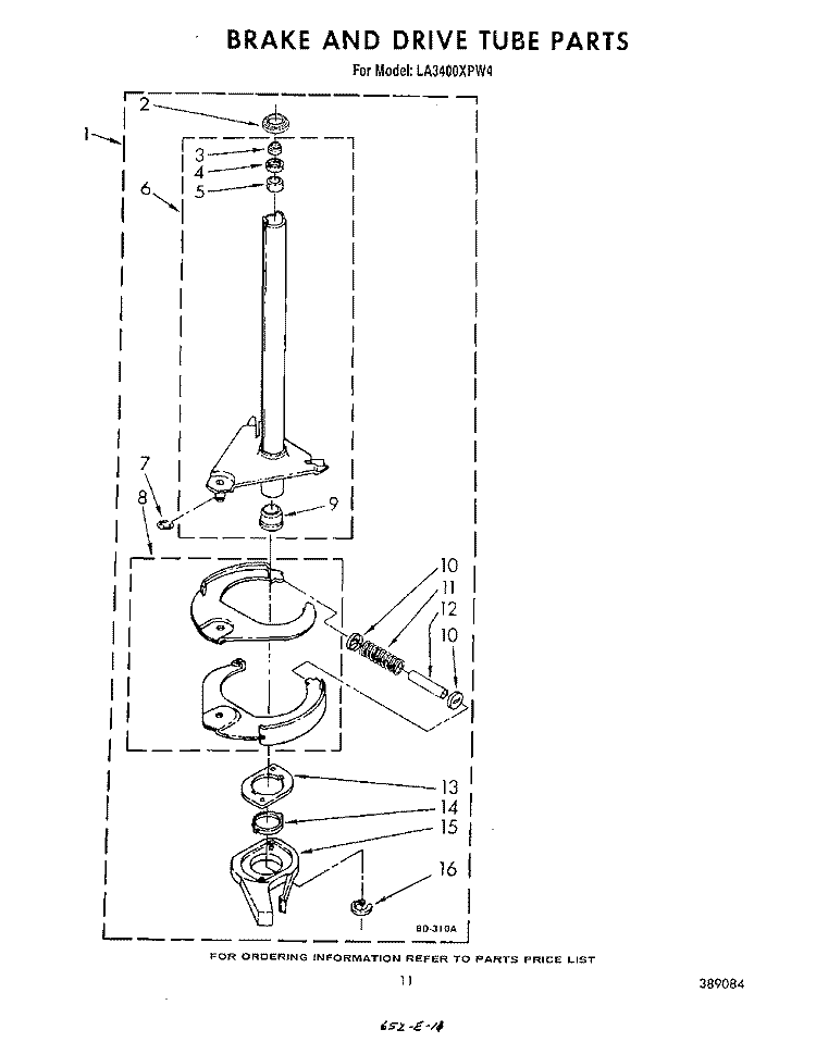 BRAKE AND DRIVE TUBE Diagram and Parts List for LA3400XPW4  Whirlpool Washer