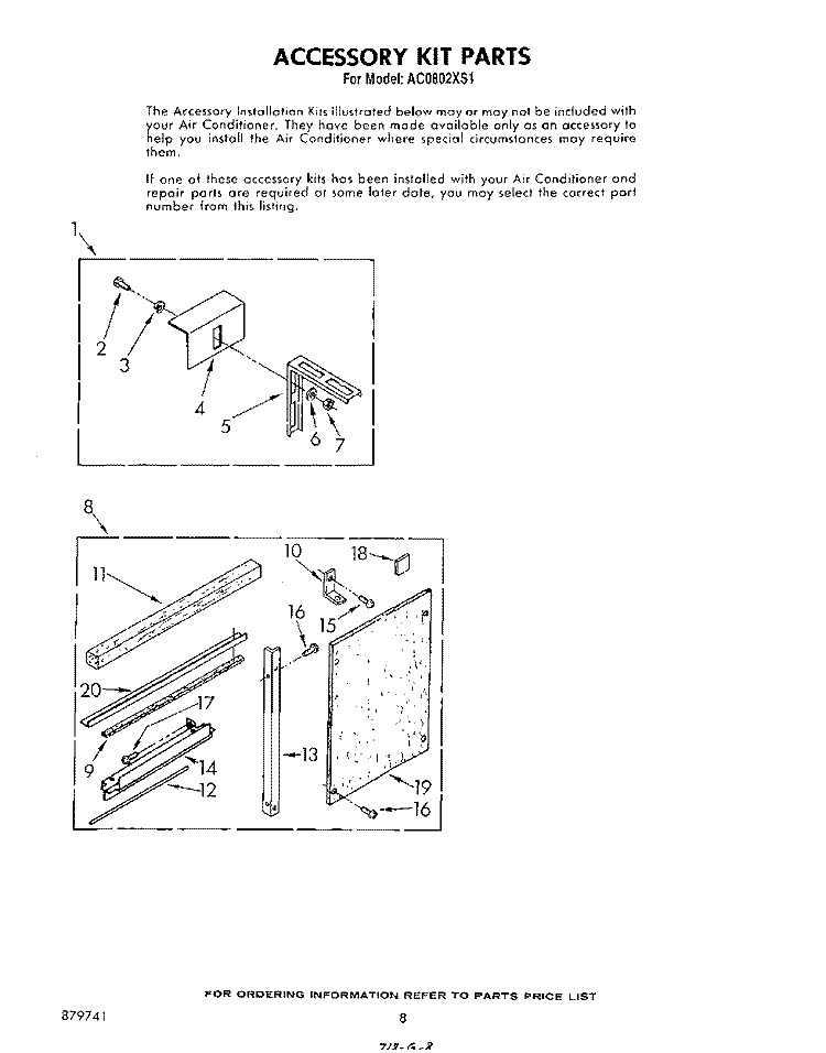 ACCESSORY Diagram and Parts List for AC0802XS1  Whirlpool Air Conditioner