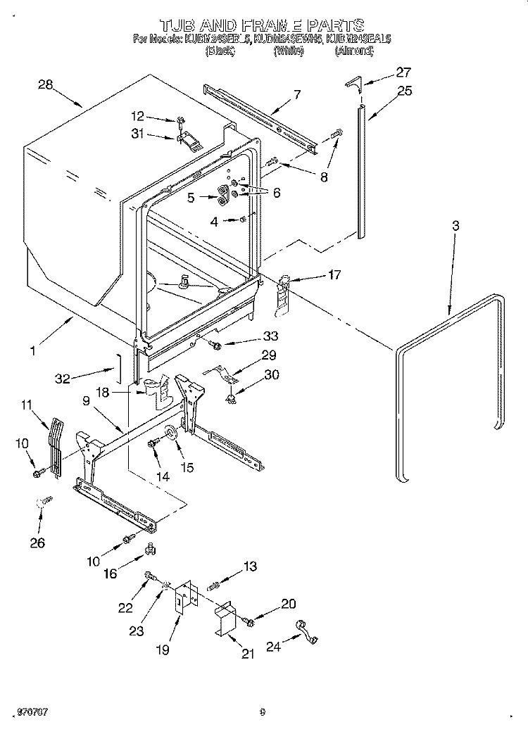 TUB AND FRAME Diagram and Parts List for KUDM24SEAL5  KitchenAid Dishwasher