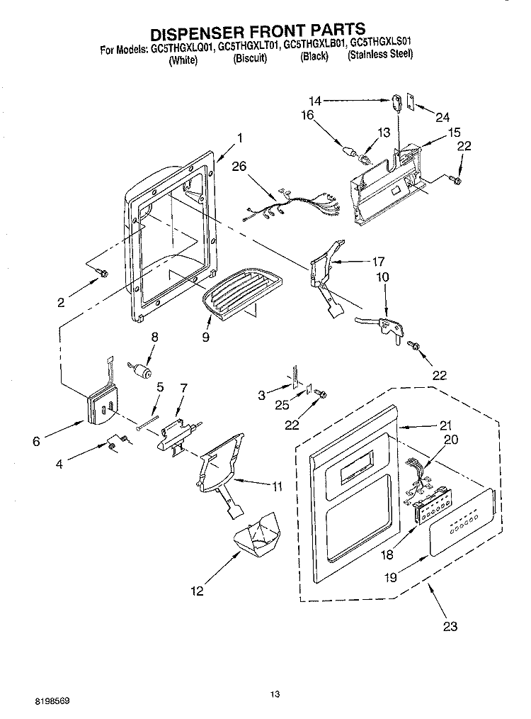 DISPENSER FRONT PARTS Diagram and Parts List for GC5THGXLB01  Whirlpool Refrigerator