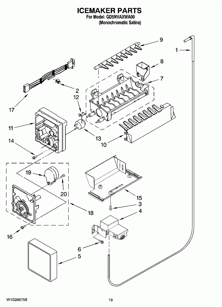 ICEMAKER PARTS Diagram and Parts List for GD5NVAXWA00  Whirlpool Refrigerator