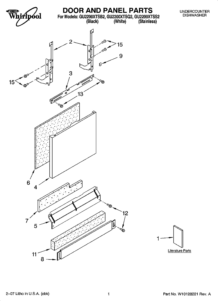 DOOR AND PANEL PARTS Diagram and Parts List for GU2200XTSQ2  Whirlpool Dishwasher