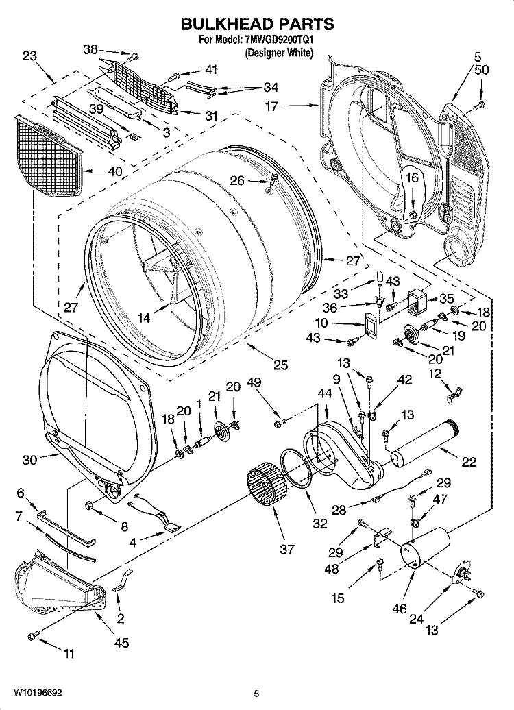 BULKHEAD PARTS Diagram and Parts List for 7MWGD9200TQ1  Whirlpool Dryer