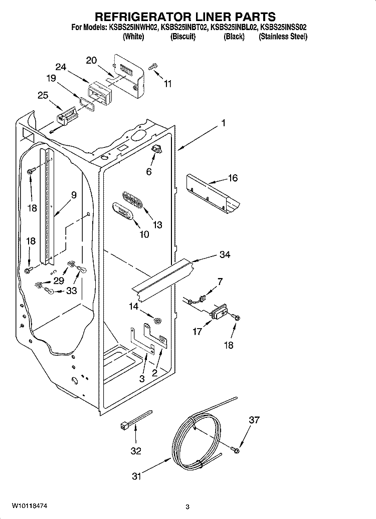 REFRIGERATOR LINER PARTS Diagram and Parts List for KSBS25INBL02  KitchenAid Refrigerator