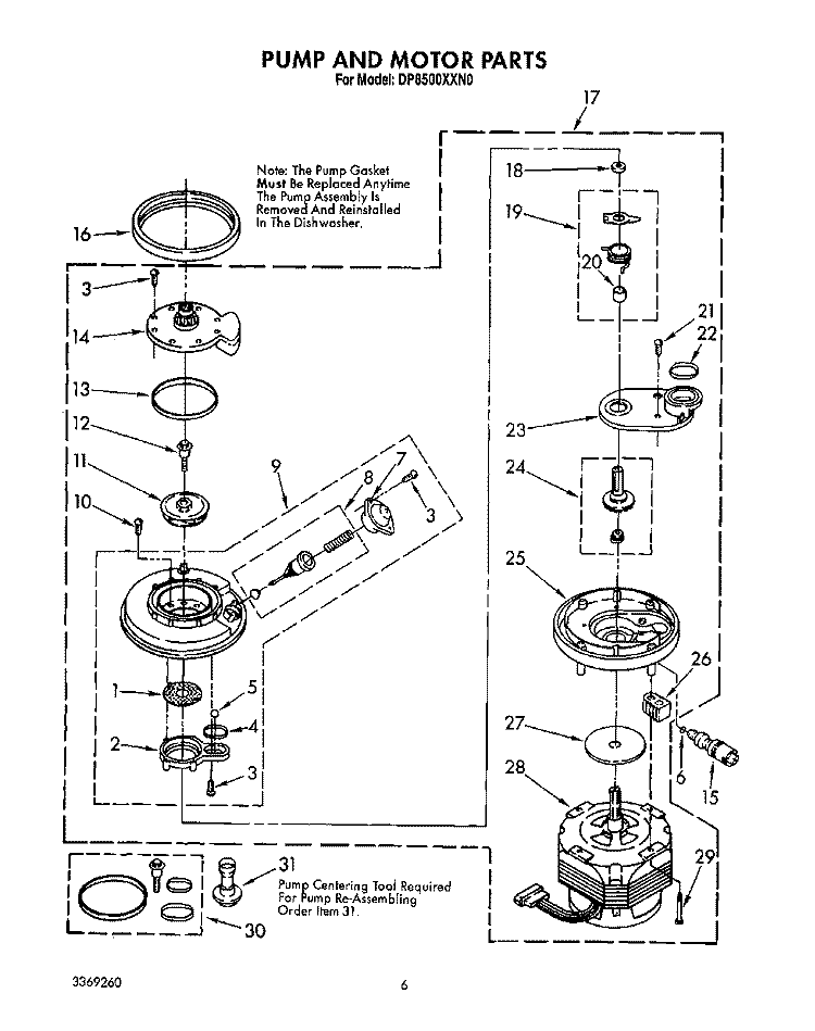 PUMP AND MOTOR Diagram and Parts List for DP8500XXN0  Whirlpool Dishwasher