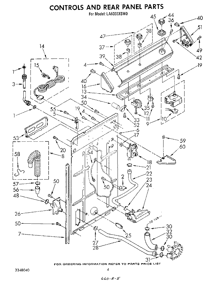 CONTROLS AND REAR PANEL Diagram and Parts List for LA6055XSW0  Whirlpool Washer