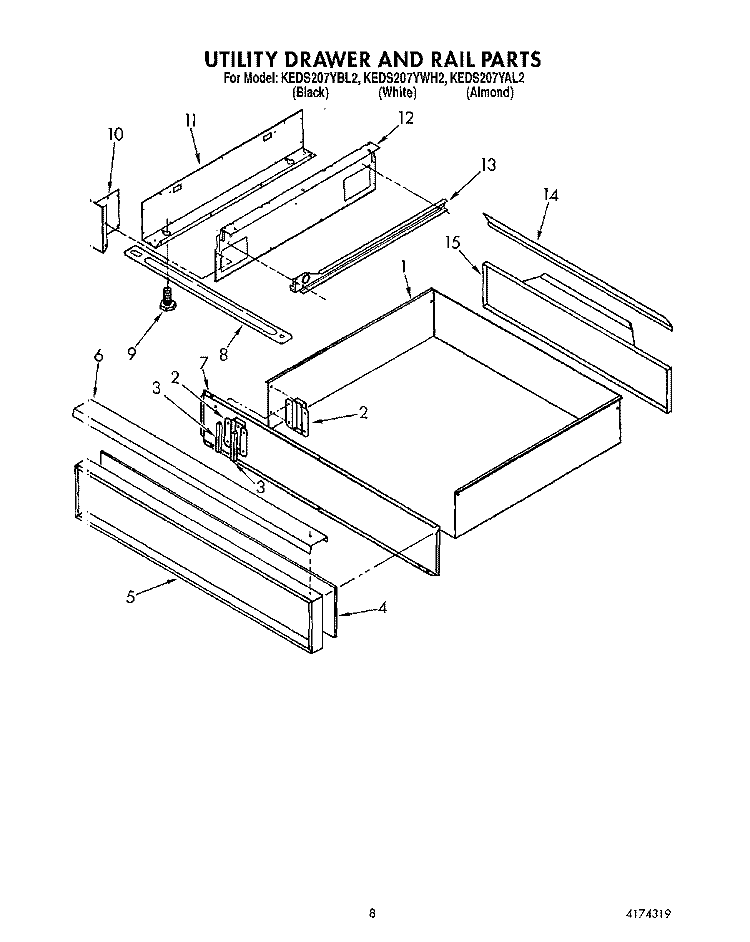 UTILITY DRAWER AND RAIL Diagram and Parts List for KEDS207YWH2  KitchenAid Range