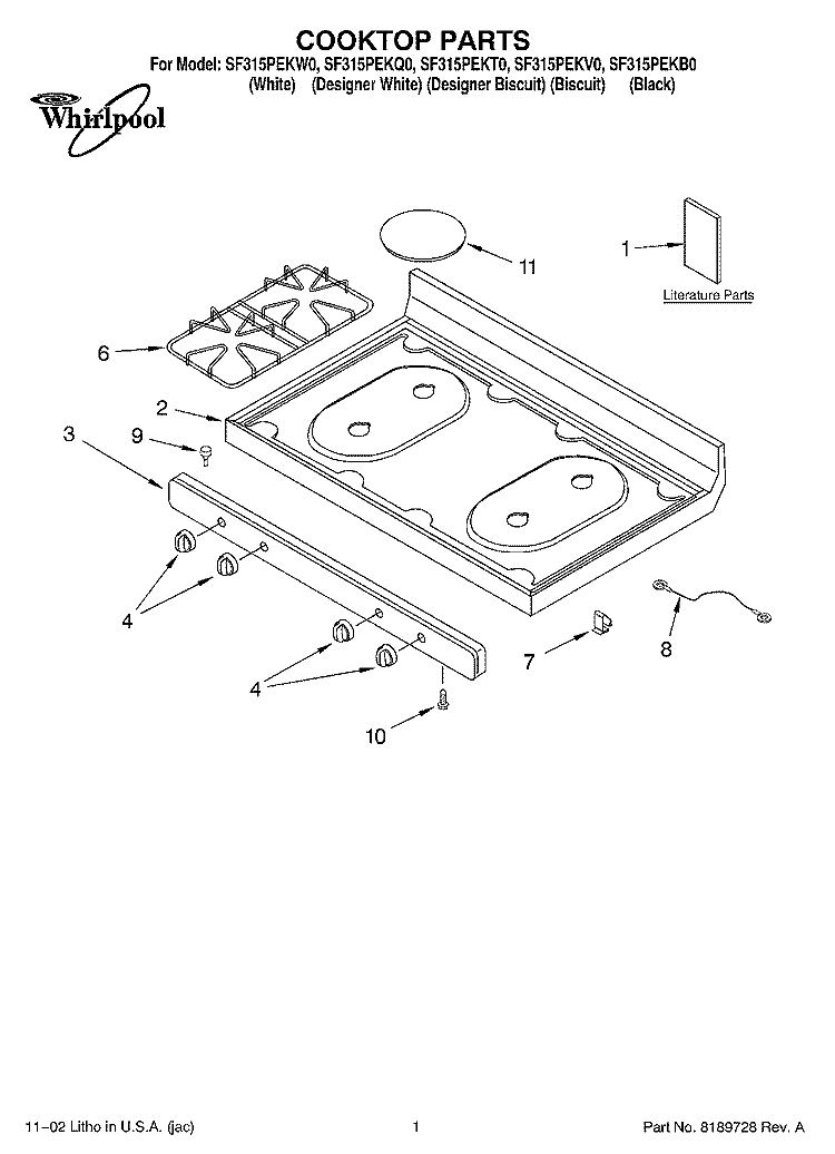 COOKTOP, LITERATURE Diagram and Parts List for SF315PEKW0  Whirlpool Range