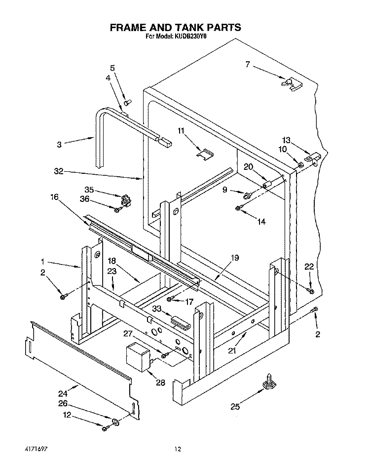 FRAME AND TANK Diagram and Parts List for KUDB230Y0  KitchenAid Dishwasher