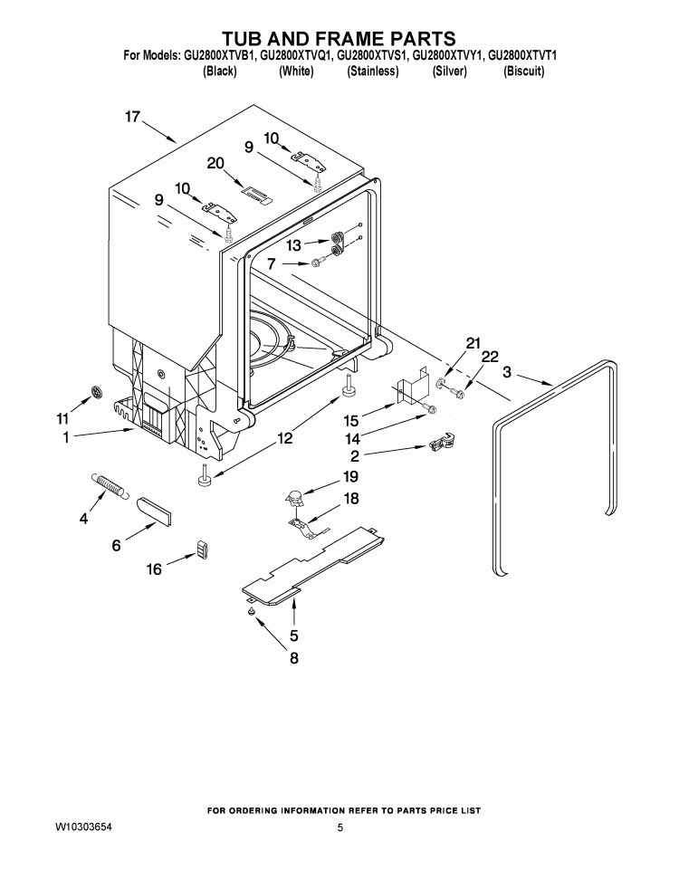 TUB AND FRAME PARTS Diagram and Parts List for GU2800XTVB1  Whirlpool Dishwasher