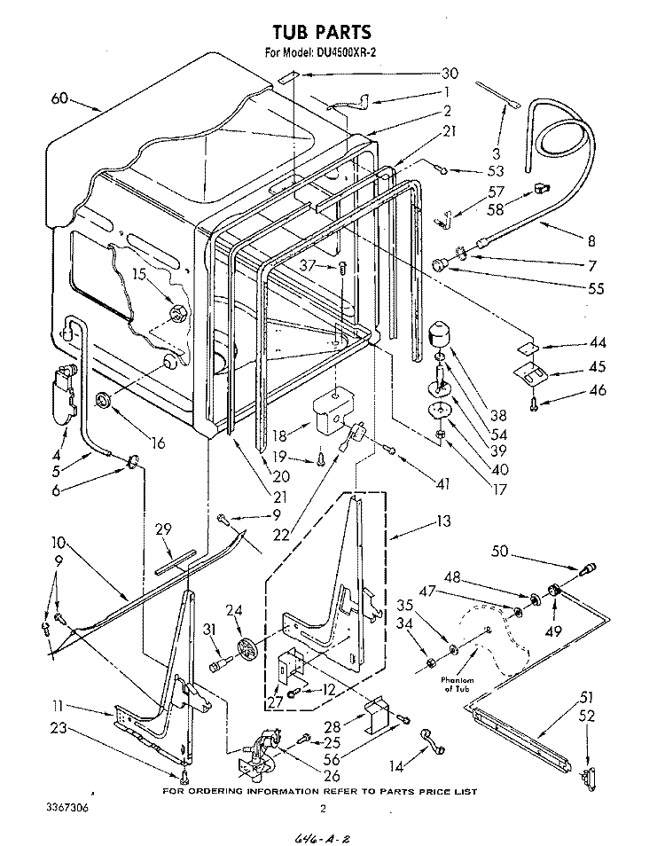 TUB, LITERATURE AND OPTIONAL Diagram and Parts List for DU4500XR2  Whirlpool Dishwasher