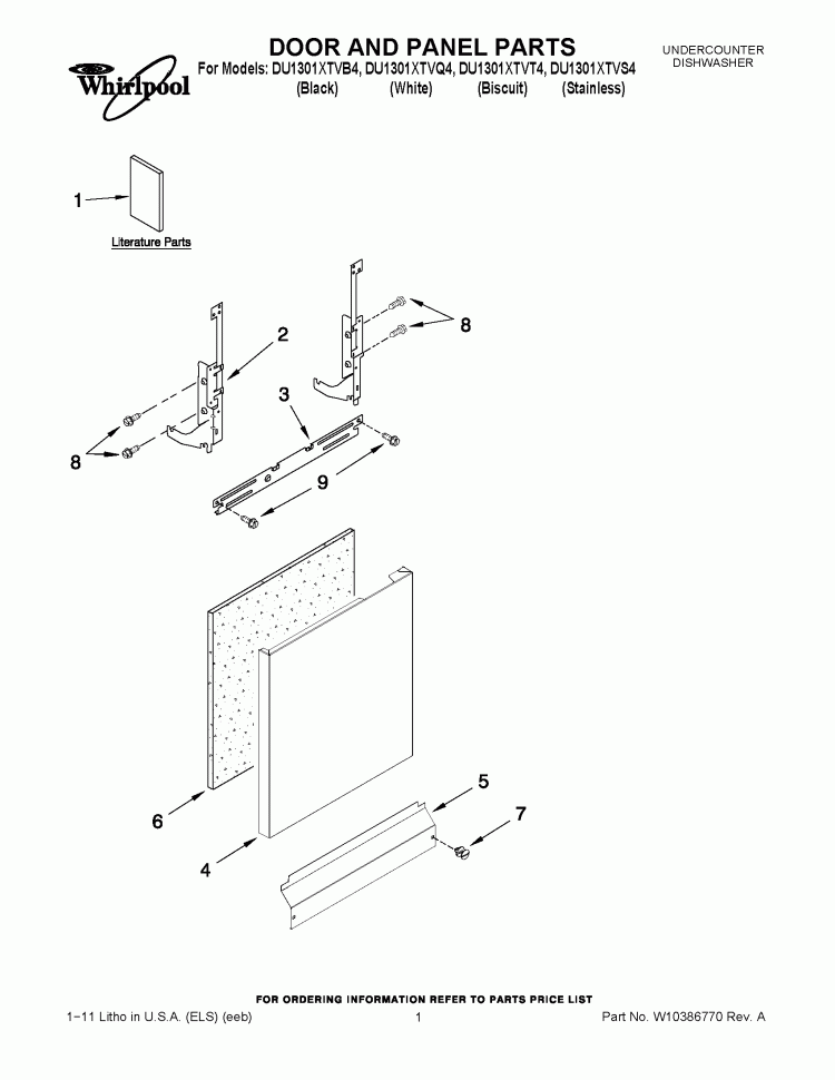 DOOR AND PANEL PARTS Diagram and Parts List for DU1301XTVB4  Whirlpool Dishwasher