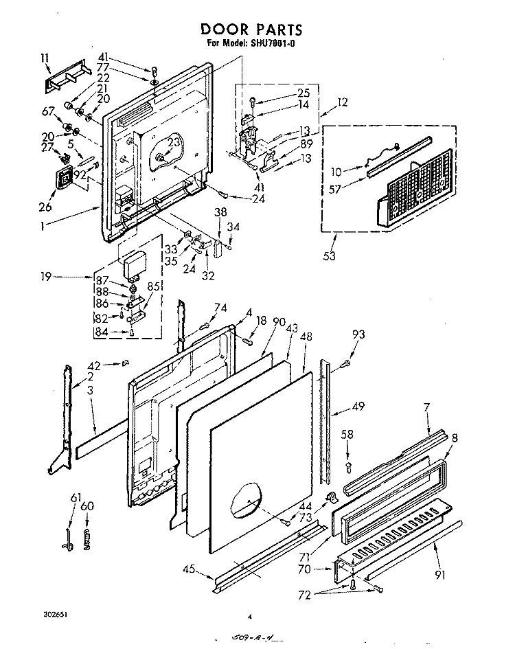 DOOR Diagram and Parts List for SHU70010  Whirlpool Dishwasher