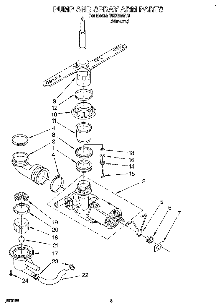 PUMP AND SPRAY ARM Diagram and Parts List for TUD2000Y0  Whirlpool Dishwasher