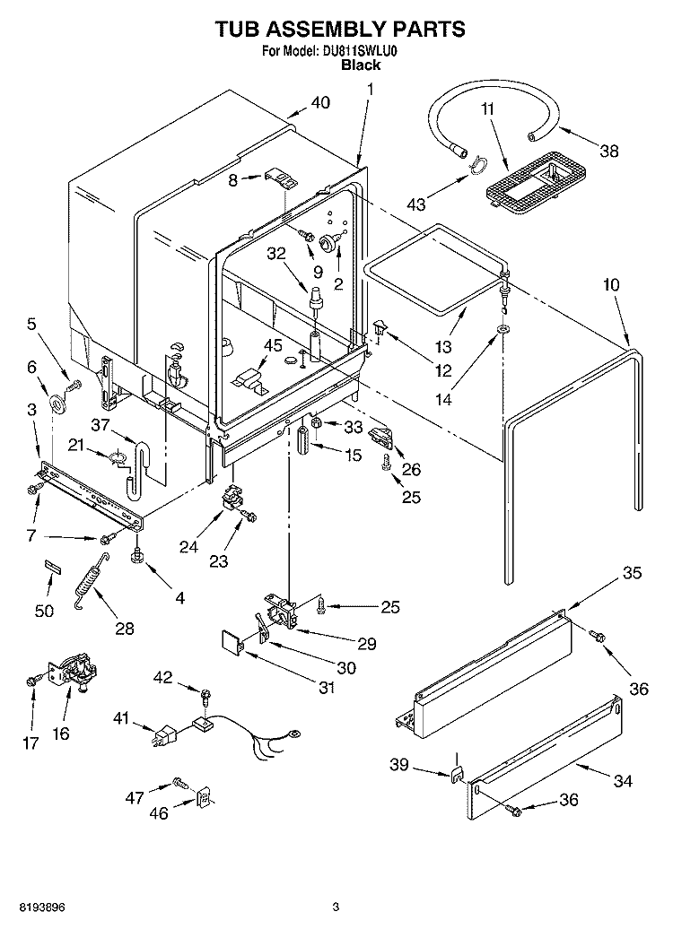 TUB ASSEMBLY PARTS Diagram and Parts List for DU811SWLU0  Whirlpool Dishwasher