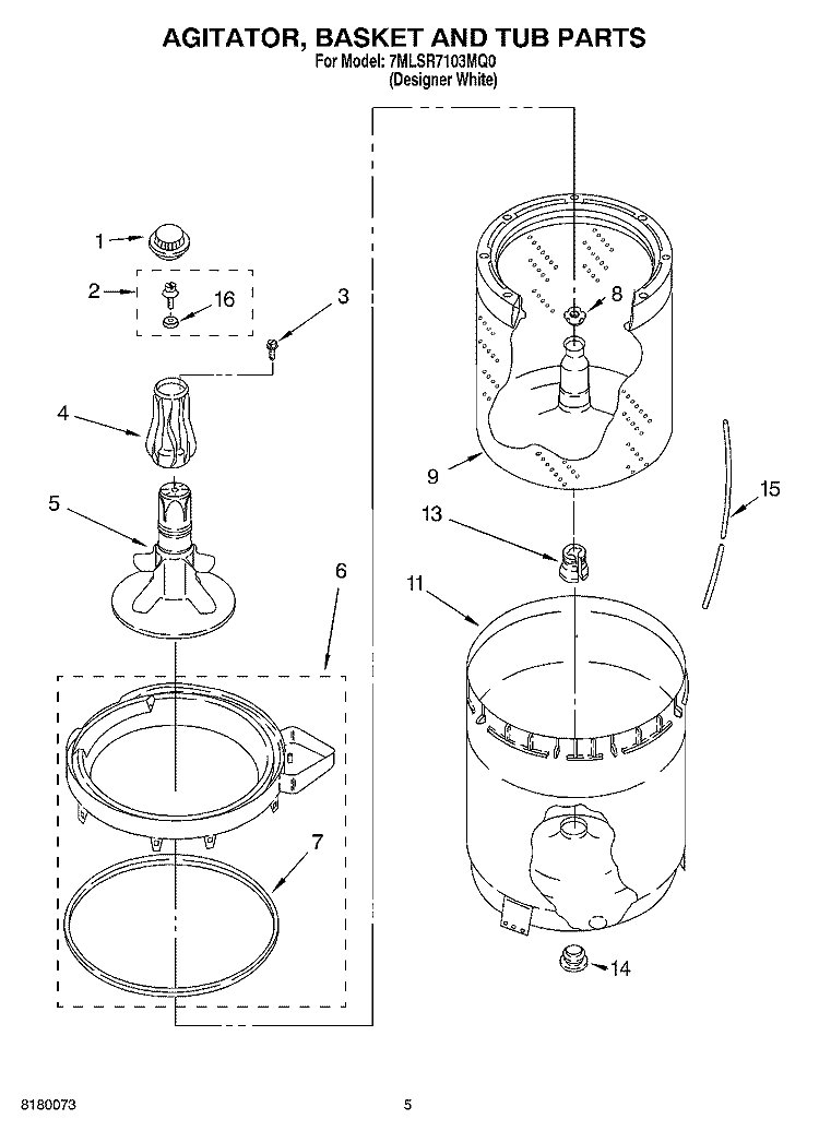 AGITATOR, BASKET AND TUB PARTS Diagram and Parts List for 7MLSR7103MQ0  Whirlpool Washer