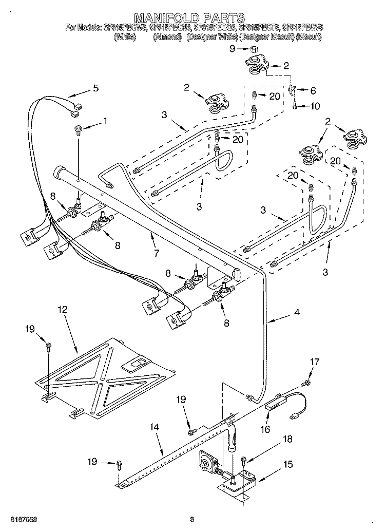 MANIFOLD Diagram and Parts List for SF315PEGQ6  Whirlpool Range