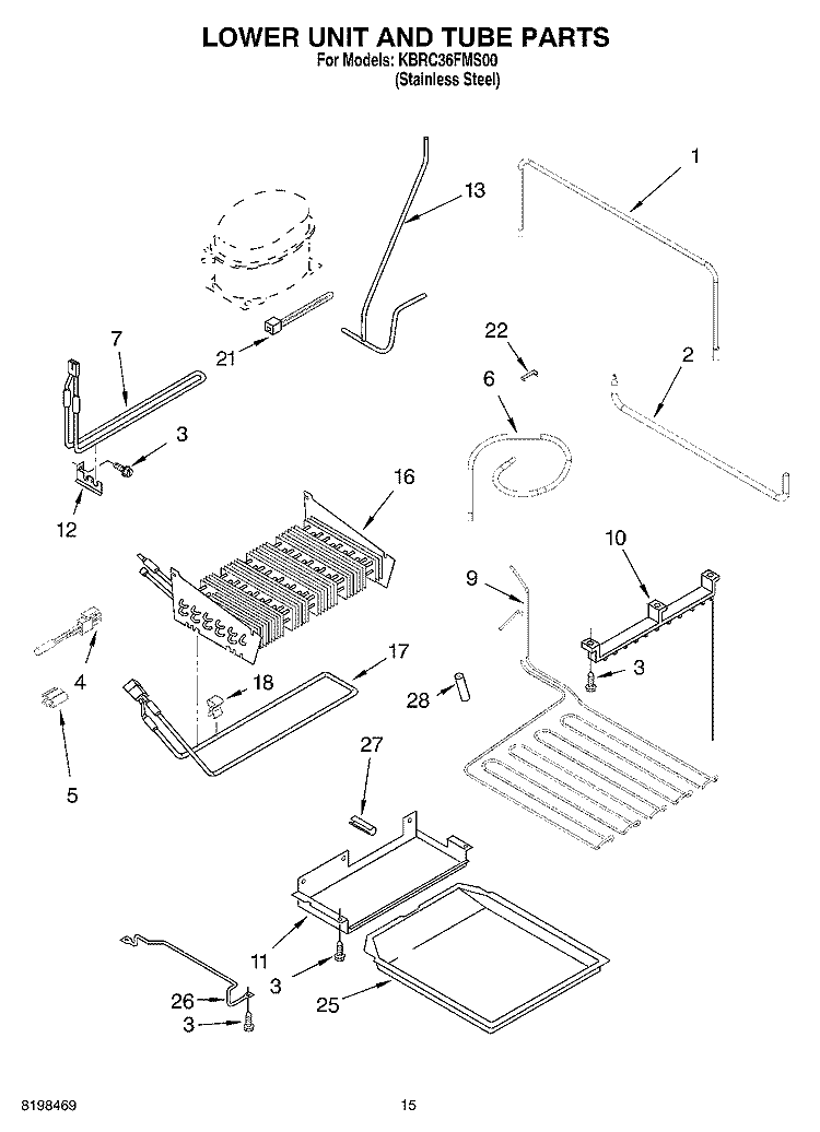 LOWER UNIT AND TUBE PARTS Diagram and Parts List for KBRC36FMS00  KitchenAid Refrigerator