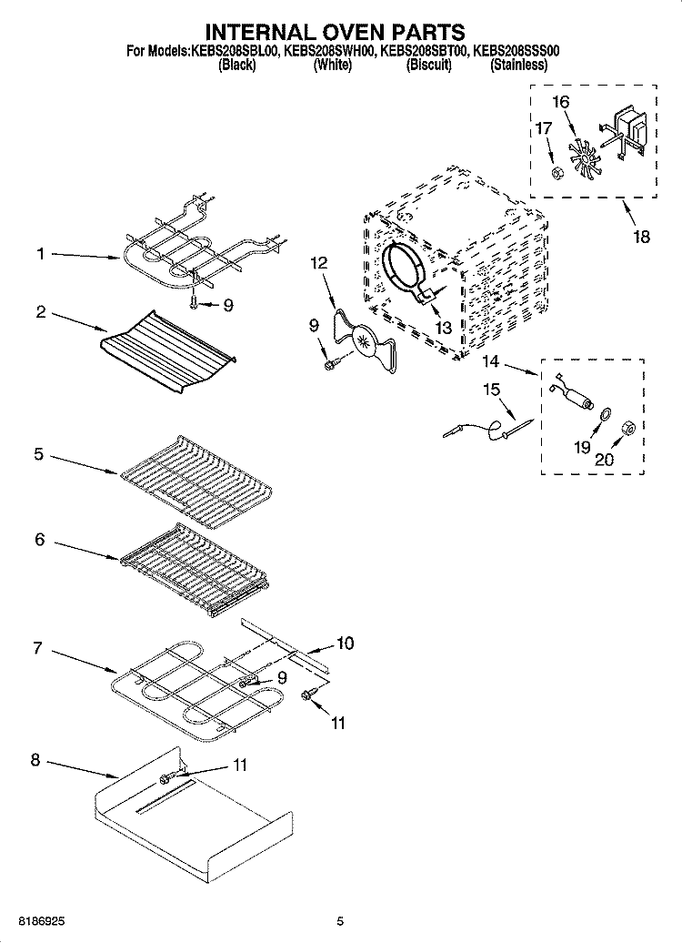 INTERNAL OVEN PARTS Diagram and Parts List for KEBS208SBT00  KitchenAid Wall Oven