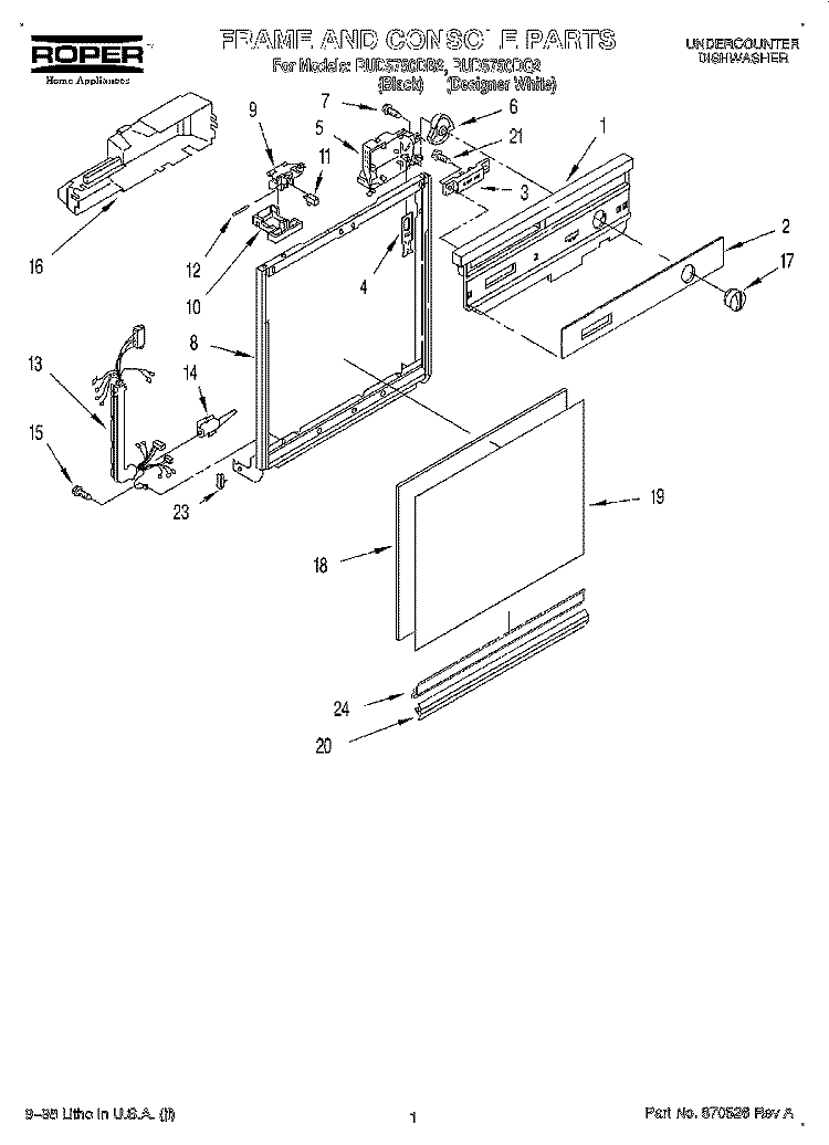 FRAME AND CONSOLE Diagram and Parts List for RUD5750DB2  Roper Dishwasher
