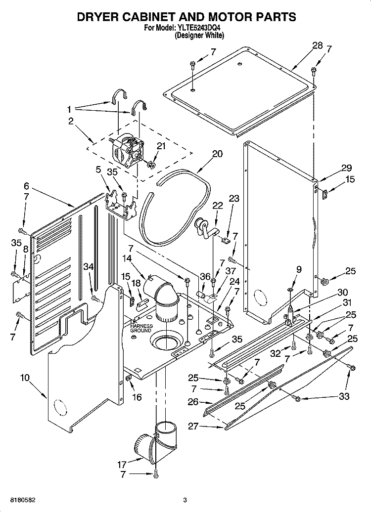 DRYER CABINET AND MOTOR PARTS Diagram and Parts List for YLTE5243DQ4  Whirlpool Washer Dryer Combo