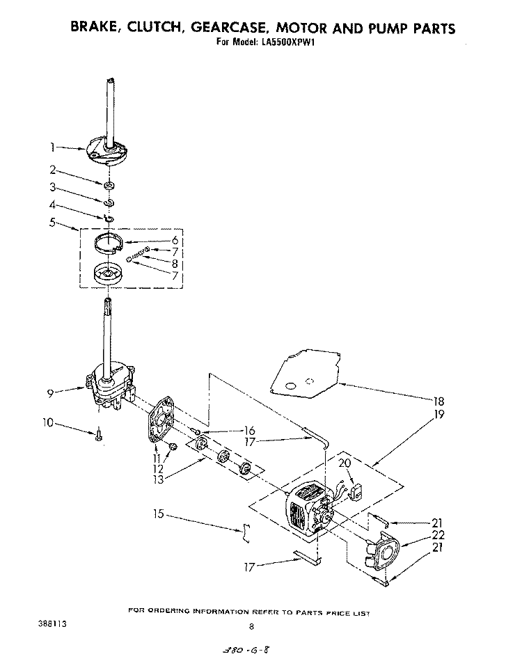BRAKE, CLUTCH, GEARCASE, MOTOR AND PUMP Diagram and Parts List for LA5530XPW3  Whirlpool Washer