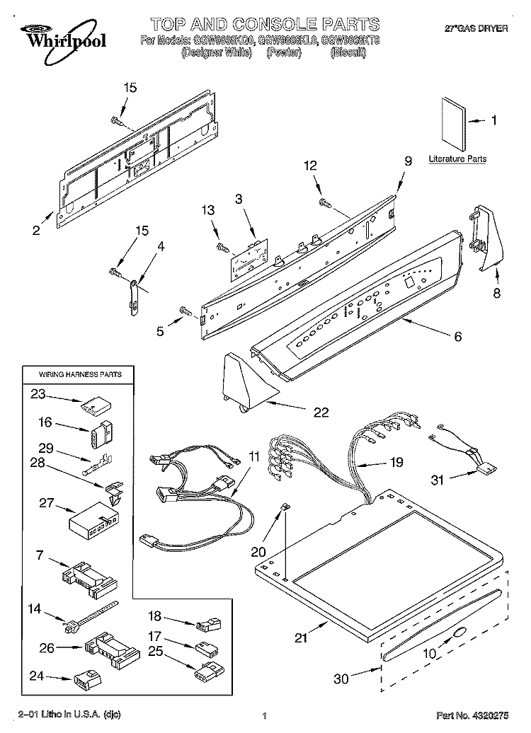 TOP AND CONSOLE, LIT/OPTIONAL Diagram and Parts List for GGW9868KL0  Whirlpool Dryer