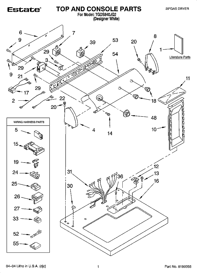 TOP AND CONSOLE PARTS Diagram and Parts List for TGDS840JQ2  Estate Dryer