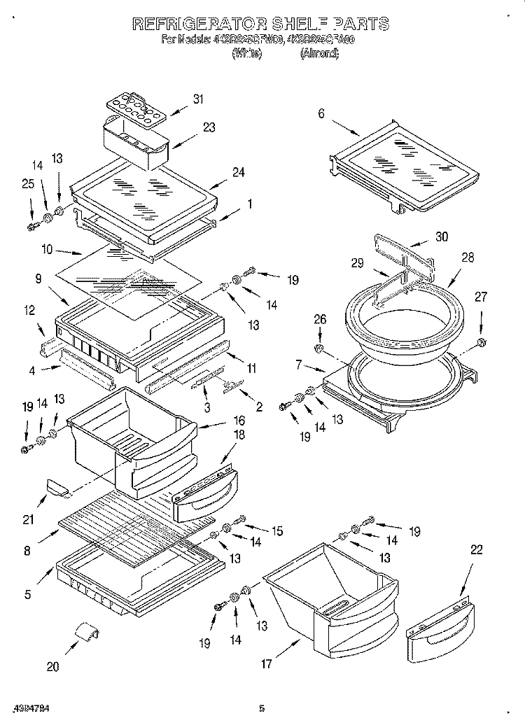 REFRIGERATOR SHELF Diagram and Parts List for 4KSRS25QFW00  KitchenAid Refrigerator