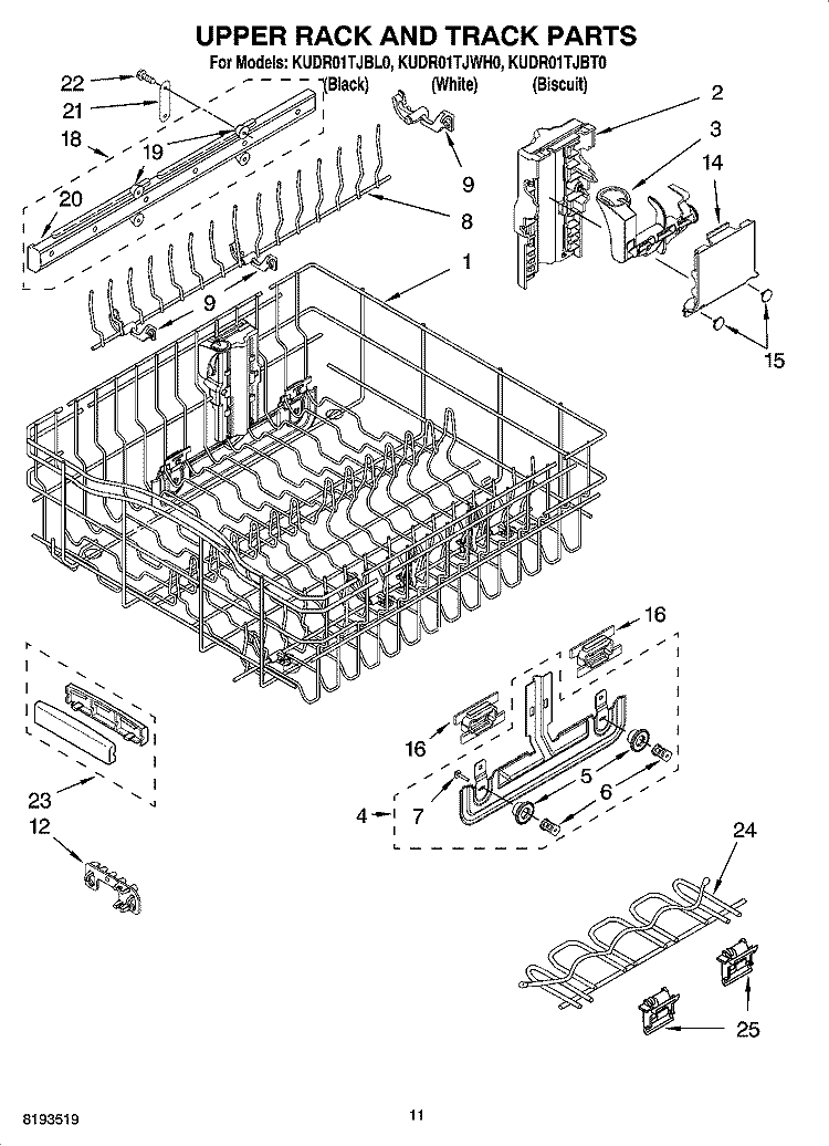 UPPER RACK AND TRACK PARTS Diagram and Parts List for KUDR01TJBT0  KitchenAid Dishwasher