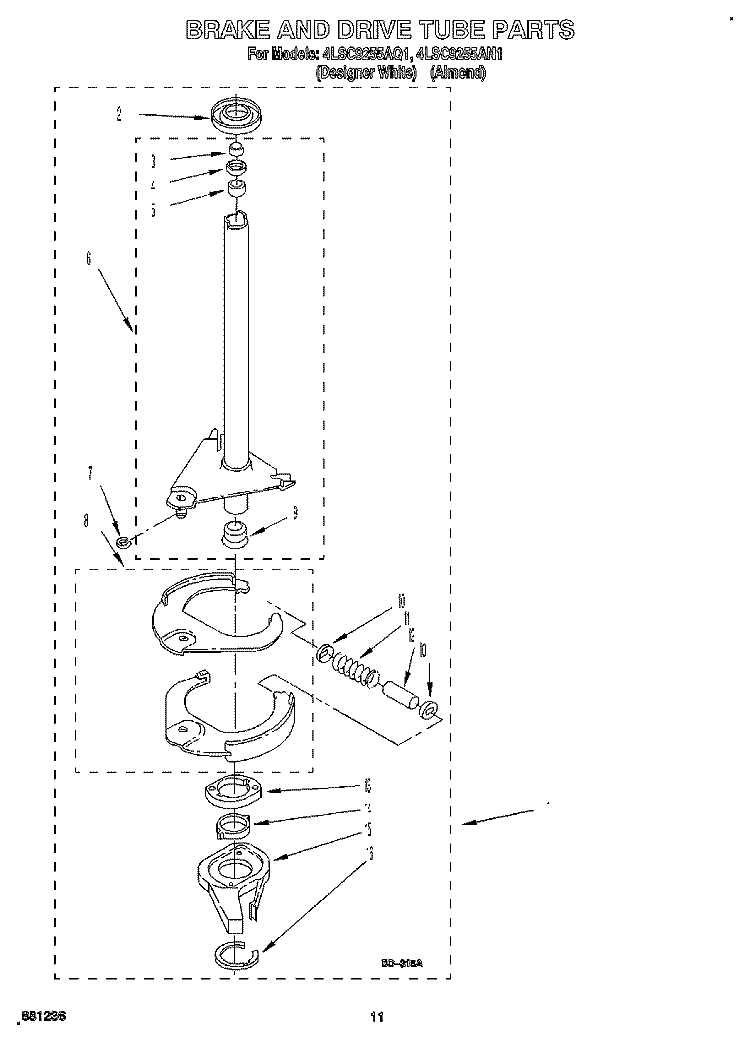 BRAKE AND DRIVE TUBE Diagram and Parts List for 4LSC9255AQ1  Whirlpool Washer