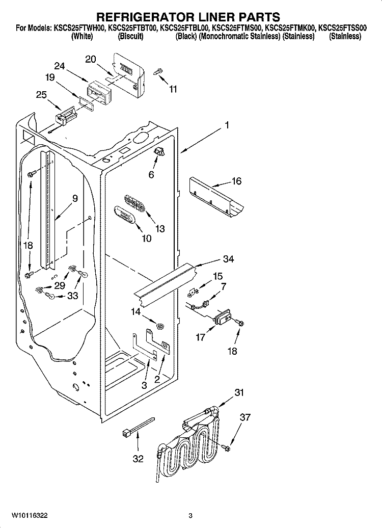REFRIGERATOR LINER PARTS Diagram and Parts List for KSCS25FTSS00  KitchenAid Refrigerator