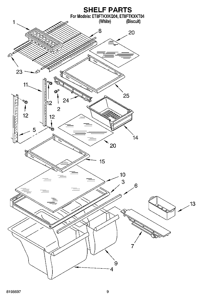 SHELF PARTS, OPTIONAL PARTS Diagram and Parts List for ET8FTKXKQ04  Whirlpool Refrigerator