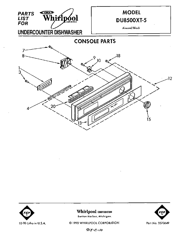 CONSOLE Diagram and Parts List for DU8500XT5  Whirlpool Dishwasher
