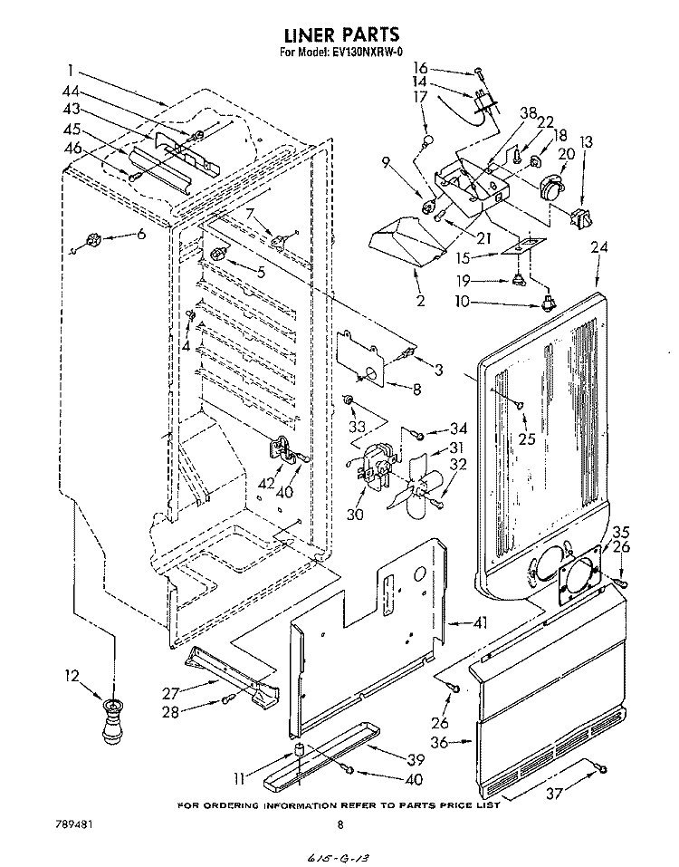 LINER Diagram and Parts List for EV130NXRW0  Whirlpool Freezer