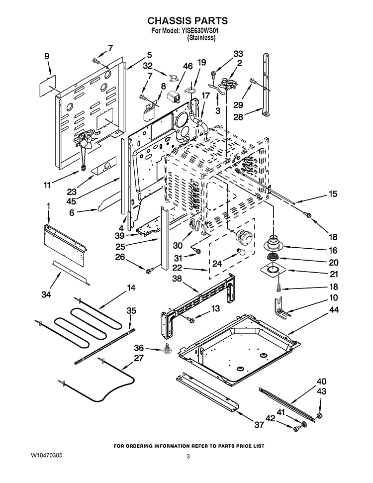 CHASSIS PARTS Diagram and Parts List for YISE630WS01  Whirlpool Range