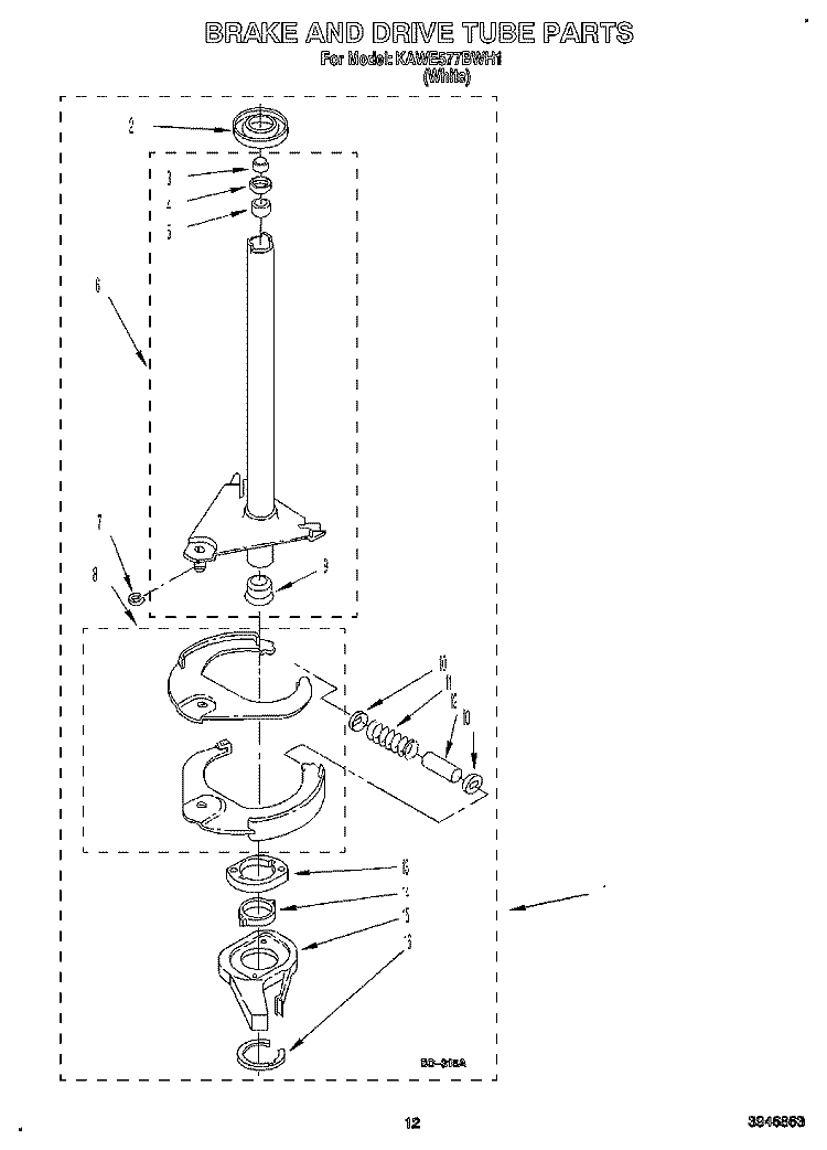 BRAKE AND DRIVE TUBE Diagram and Parts List for KAWE577BWH1  KitchenAid Washer