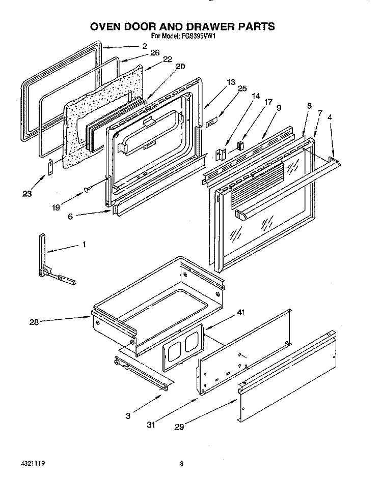OVEN DOOR AND DRAWER Diagram and Parts List for FGS395VL1  Whirlpool Range