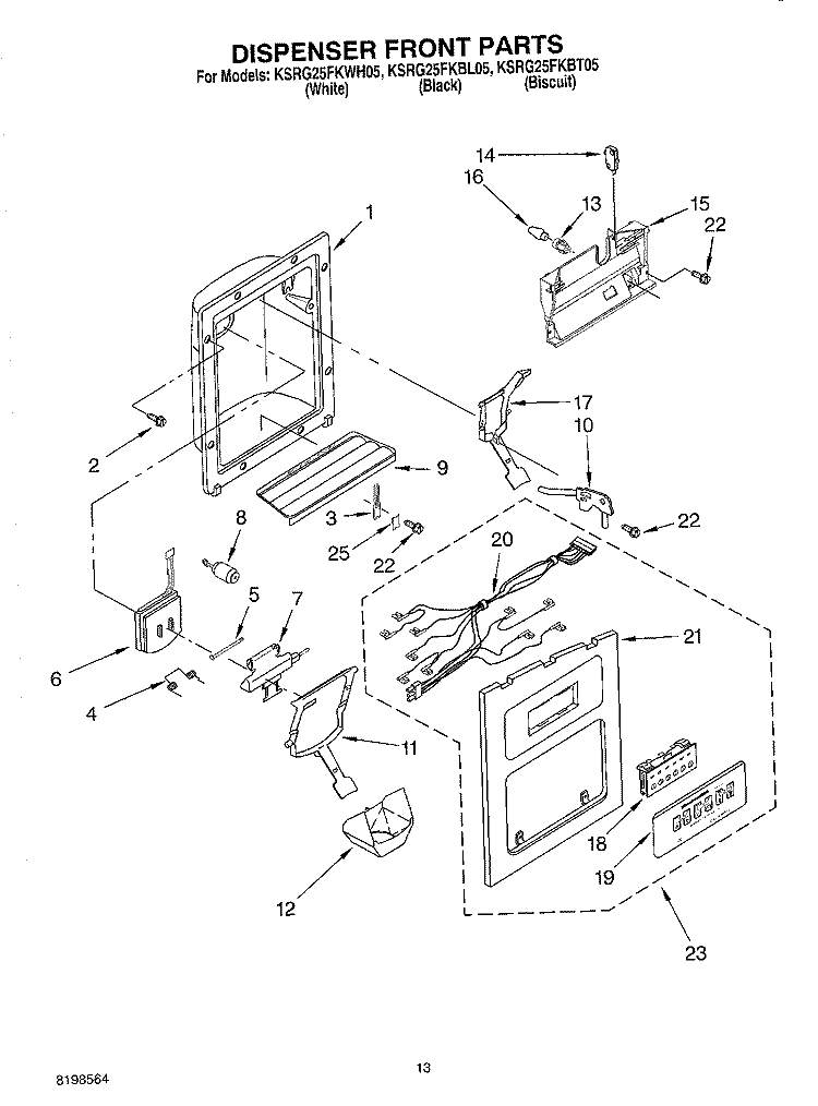 DISPENSER FRONT PARTS Diagram and Parts List for KSRG25FKBL05  KitchenAid Refrigerator