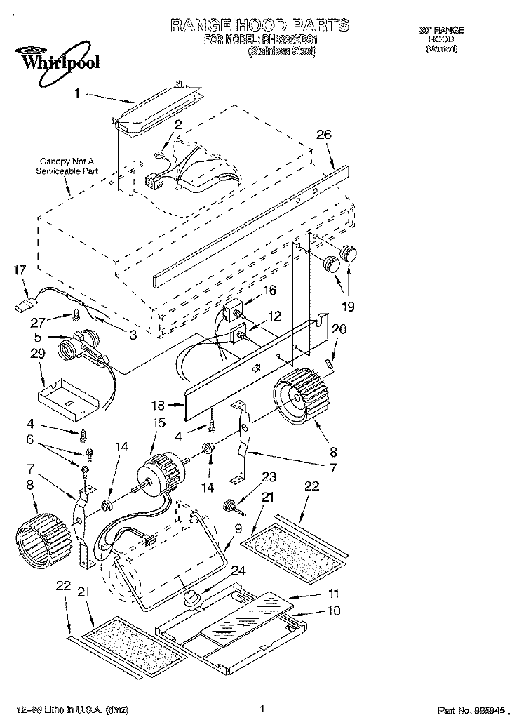 SECTION Diagram and Parts List for RH8336XDS1  Whirlpool Range Hood